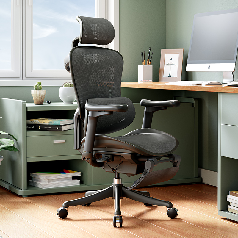 西昊C100曜黑+4D扶手+脚踏人体工学椅